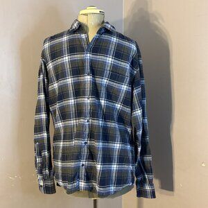 Peter Millar Shirt Mens L Blue Plaid 100% Cotton Flannel Button Front Casual